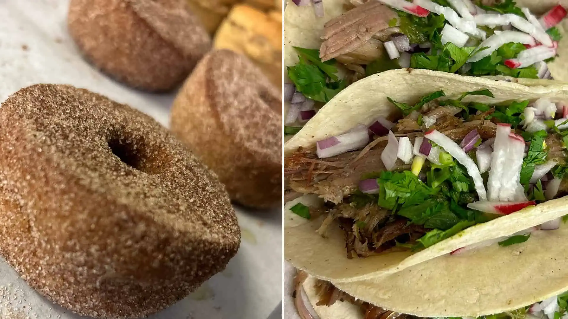 a glutenfree churro donut side by side with a plate of gluten free street tacos