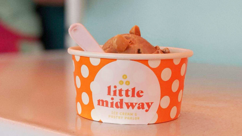 Macadamia Ice Cream in a small orange polka dotted Little Midway cup