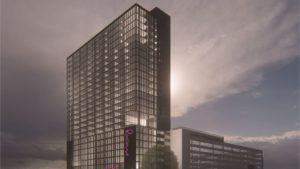 Rendering of Moxy Hotel, a 25-story development
