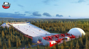 Rendering of a snow park with a steep hill and snow dome.