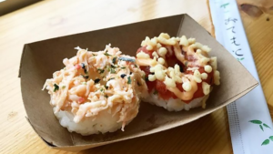 Photo of two assembled sushi donuts