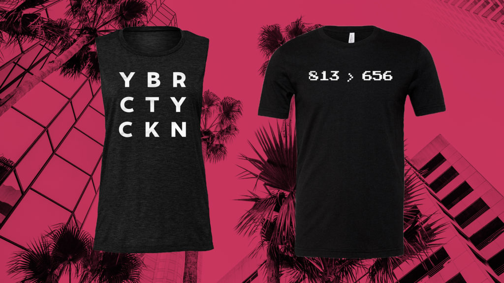 One tank top on the left that says "YBR CTY CKN" and a black shirt on the right that says "813 > 656"