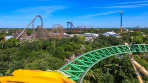 View of a theme park from the top of a roller coaster