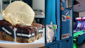 Photo of a giant cookie brownie topped with ice cream, next to a blue locker with a silver juice packet