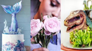 Photo of artful baked goods including a mermaid cake, sugar flowers, and a dinosaur cake