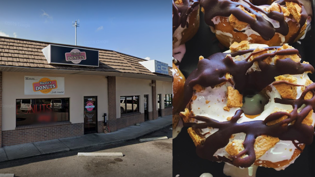 Exterior of a donut shop paired with a photo of a s'mores donut