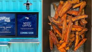 Photo of a light blue shipping container, and sweet potato wedges