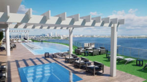 Rendering of a rooftop pool overlooking a large body of water