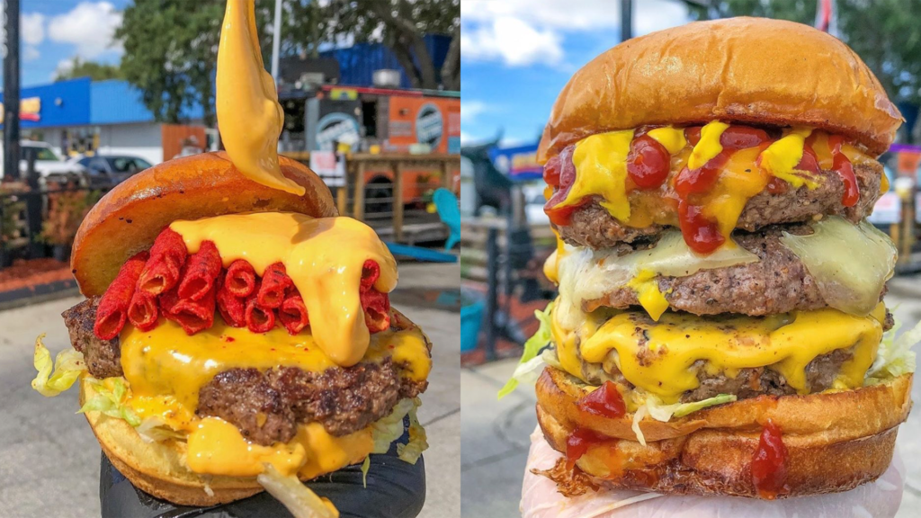 Photos of two stacked burgers topped with cheese