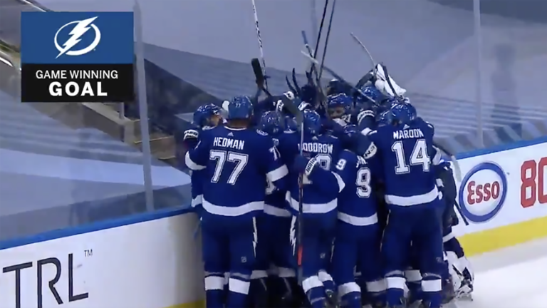 Photo of a hockey team celebrating a goal