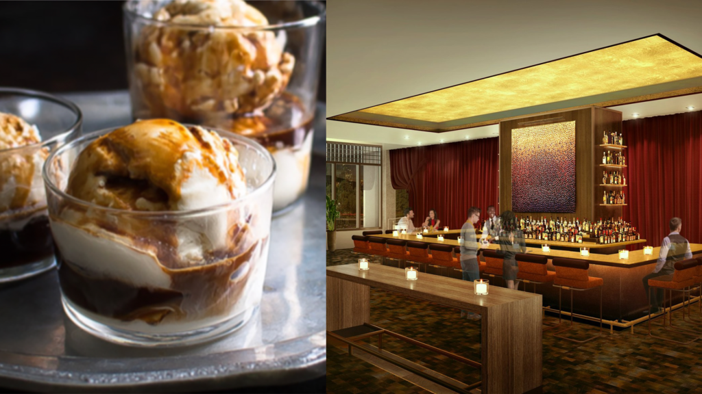 Rendering of a new bar with. a gold vaulted ceiling and a double chocolate parfait