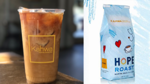 Photo of an iced coffee and a blue bag with the word hope written on it