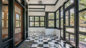 Interior of home with checkerboard tiles