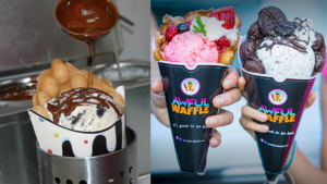 Photo of hot fudge being poured over ice cream in bubble waffle cones