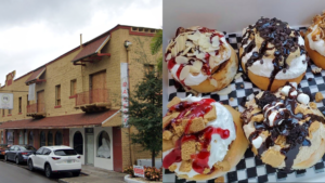 Exterior of a yellow building set next to a photo of cinnamon rolls