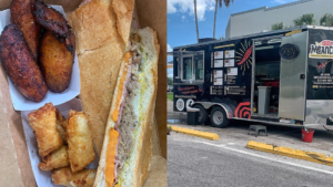 exterior of a food truck, an aerial shot of a Cuban sandwich and plantains