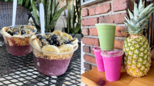 photo of several brightly colored smoothies, and two açaí bowls filled with banana slices