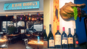 exterior of a small bodega next to an interior photo with a golden alligator bust filled with grapes