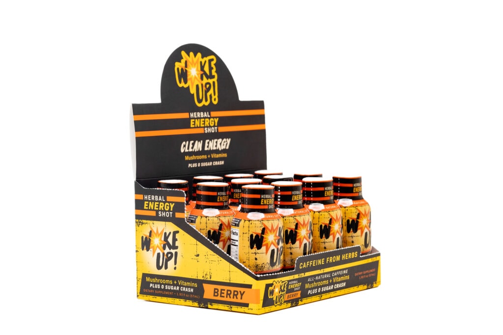 Woke Up! Energy Shot, available for online or Amazon purchase, come in neatly arranged packs of 12.
