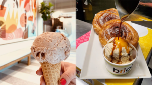 scoop of ice cream in a waffle cone, and a scoop of ice cream in a cup with cinnamon buns