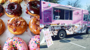exterior of a pink food truck with frosted donuts