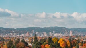 Portland skyline with foliage and mountains