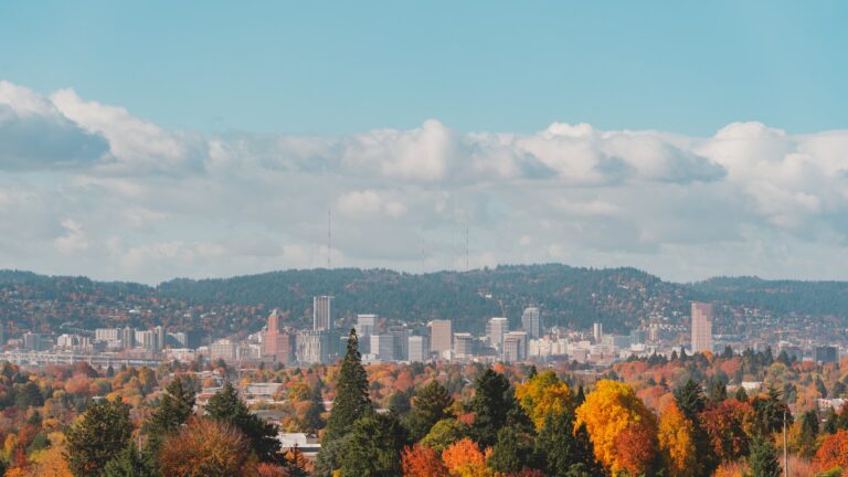 Portland skyline with foliage and mountains