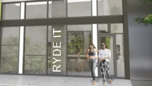 rendering of a spin studio with large glass doors
