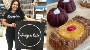bakery owner holding a store sign next to baked bundt cakes