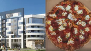 rendering of a new mixed-use building with pizza