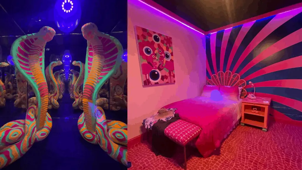 two tall cobra sculptures. a sea foam pink room with a spiral pattern on the wall, and a pink bed in the corner. 