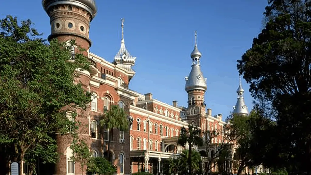 Exterior of a large brick building with minarets