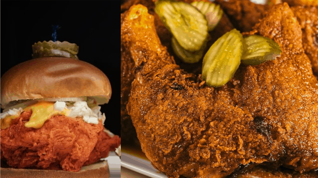 photos of fried chicken and a fried chicken sandwich