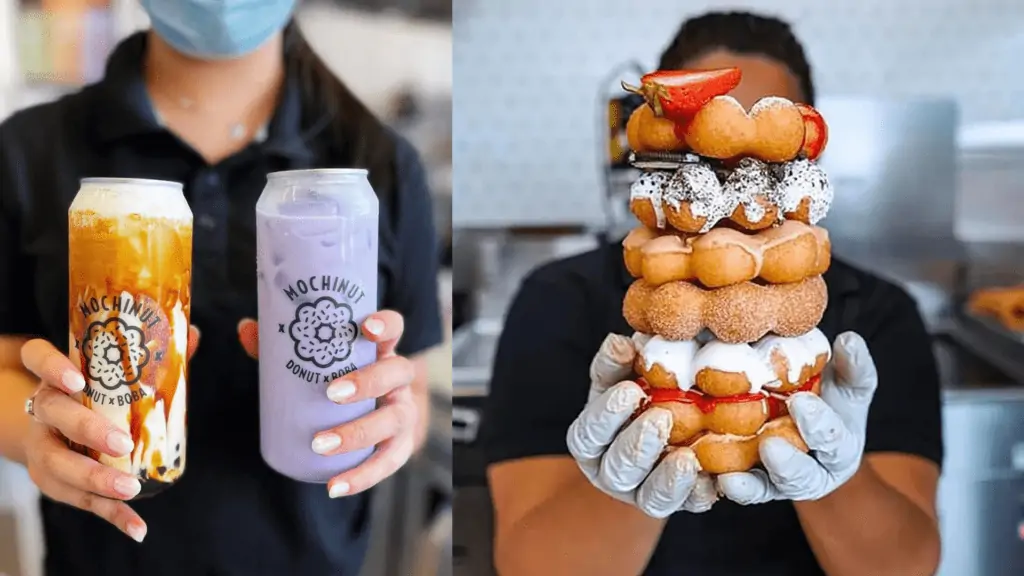 two coffee drinks, one purple, and a stack of Mochi Donuts covered in frosting