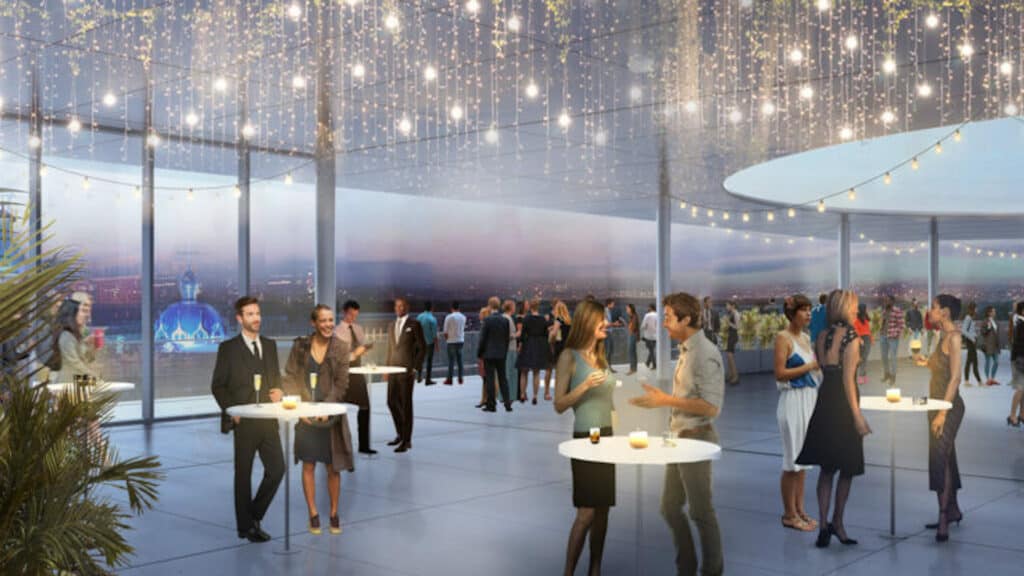rendering of a rooftop bar with lights over a large bar