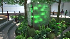 rendering of a glowing art installation with brick patterning and green lights inside