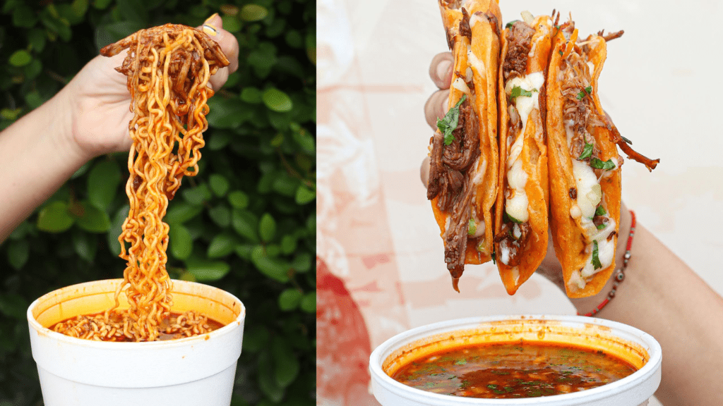 three tacos held over a cup of birria, and a fork pulling ramen noodles dripping with birria