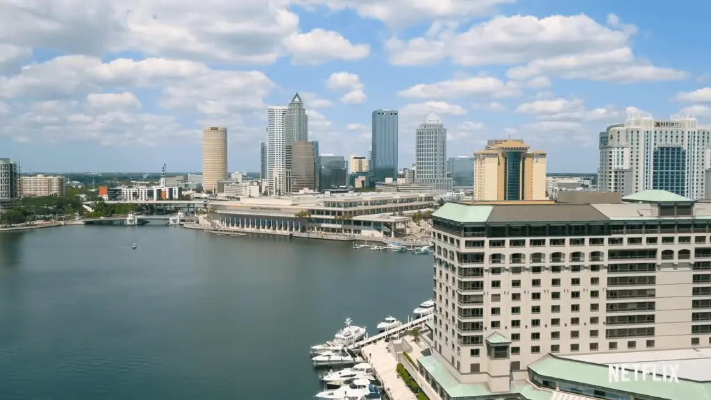 drone footage over a waterfront city