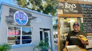 The facade of Big Ray's and owner Nick Cruz holding a grouper sandwich