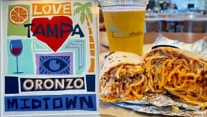 A picture of the mural outside Oronzo and a meatball parmesan burrito