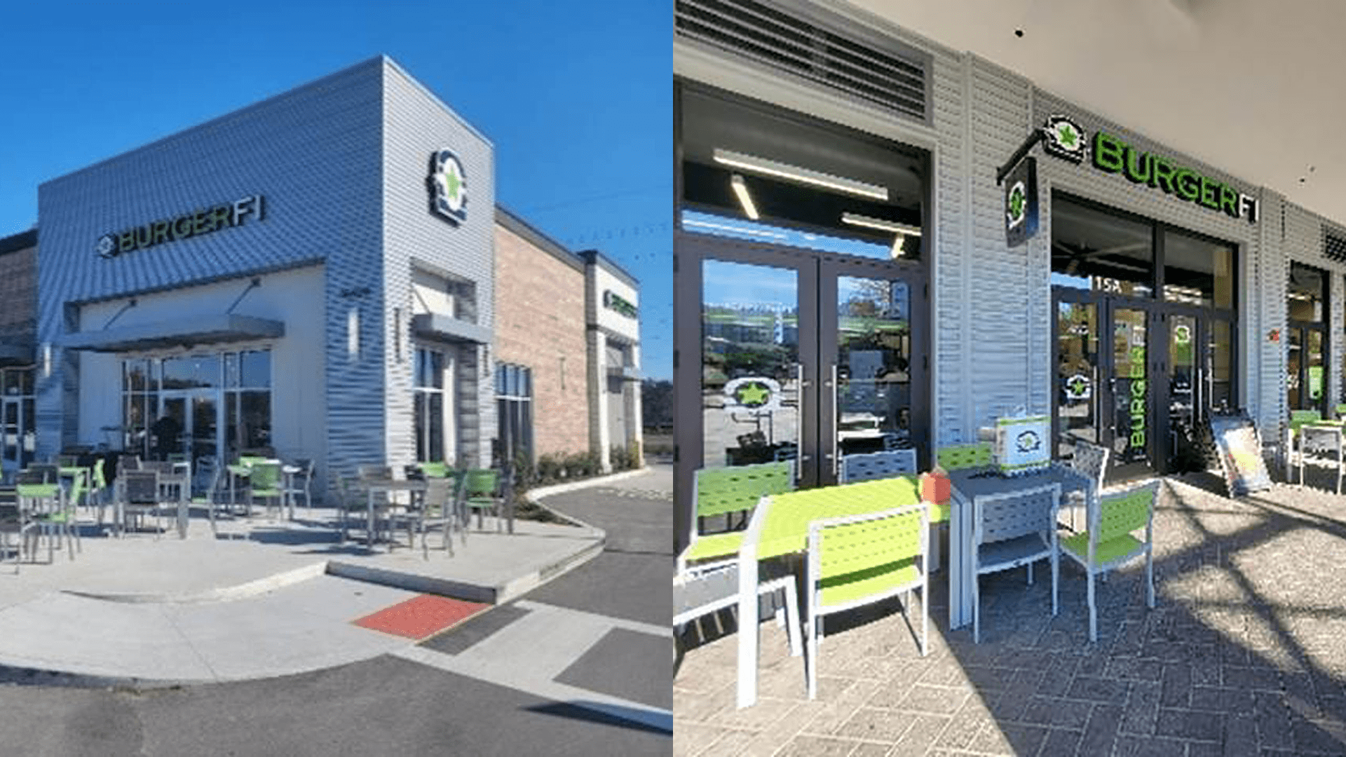 exterior of two fast casual burger restaurants with green logos on the front