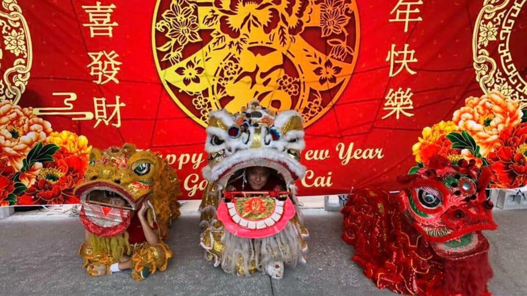 Three different Chinese dragons arranged in front of a red banner