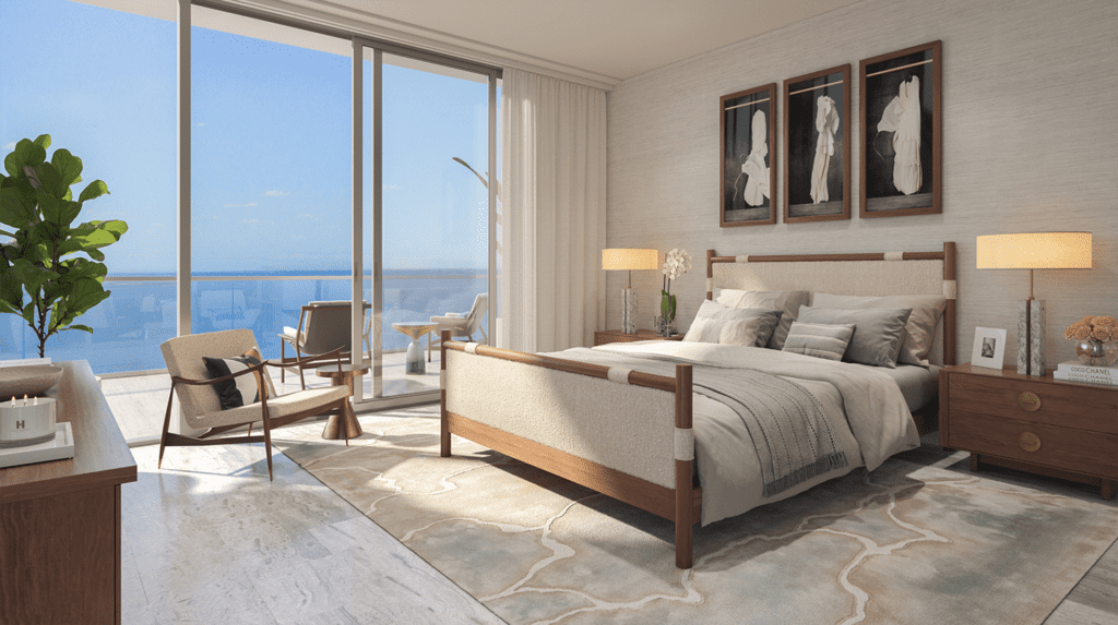 A penthouse suite with water views and brown framed art on the wall