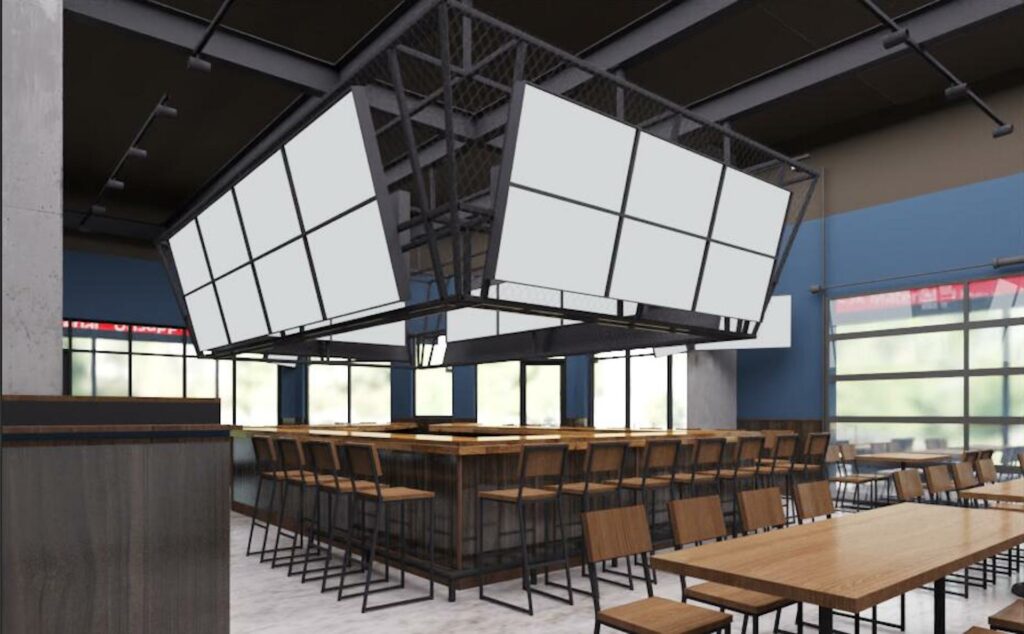 rendering of a wrap around bar with large tv screens over each side.