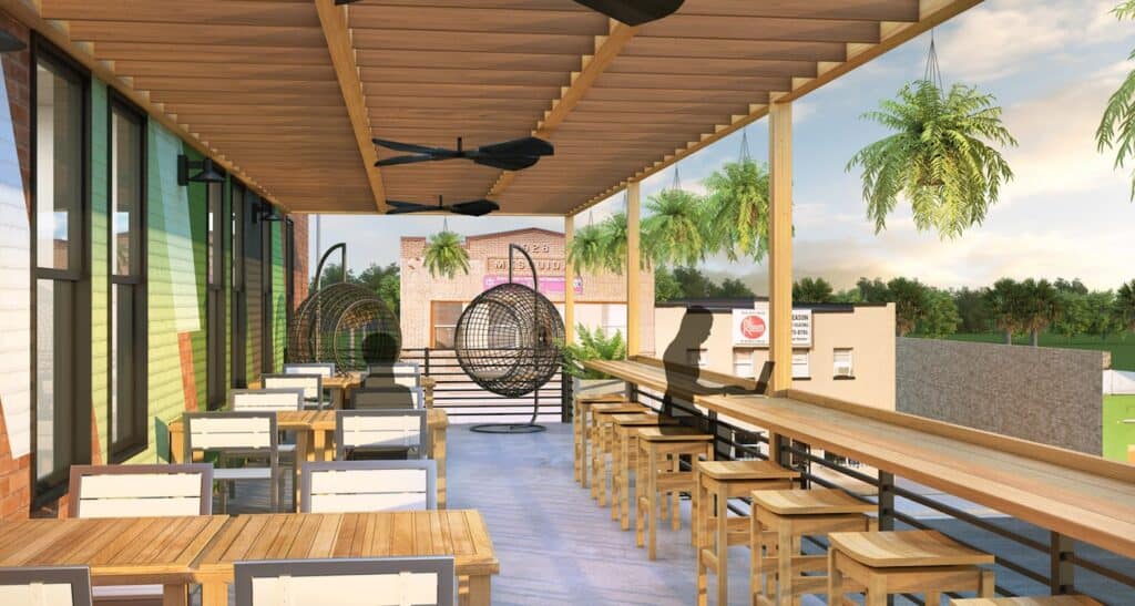 rendering of a rooftop restaurant with bar seating on the balcony
