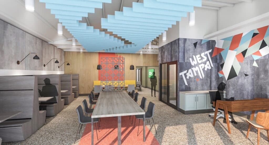 rendering of a restaurant with a West Tampa mural lettered on the far wall