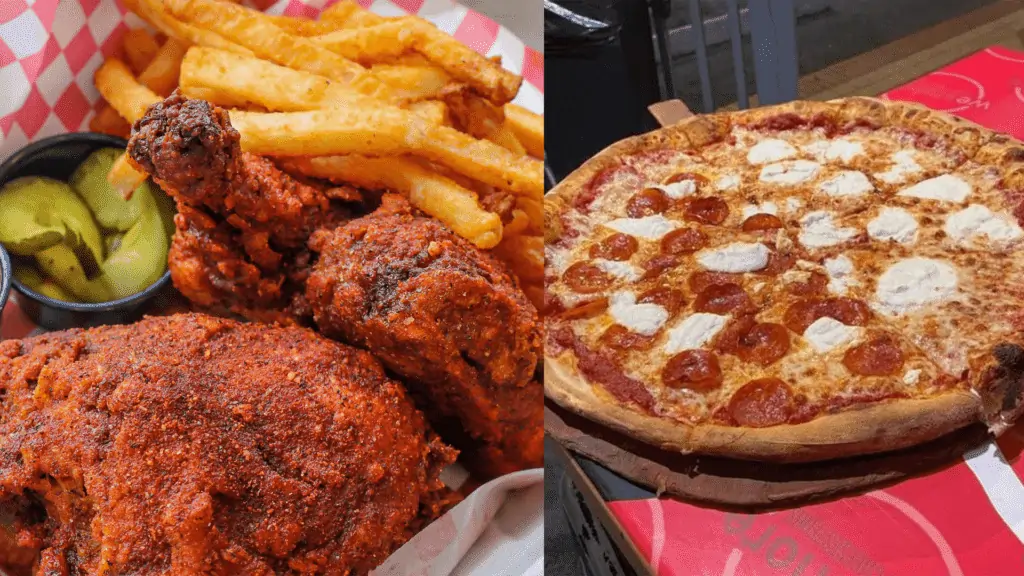 fried chicken in a basket next to a large pepperoni pizza