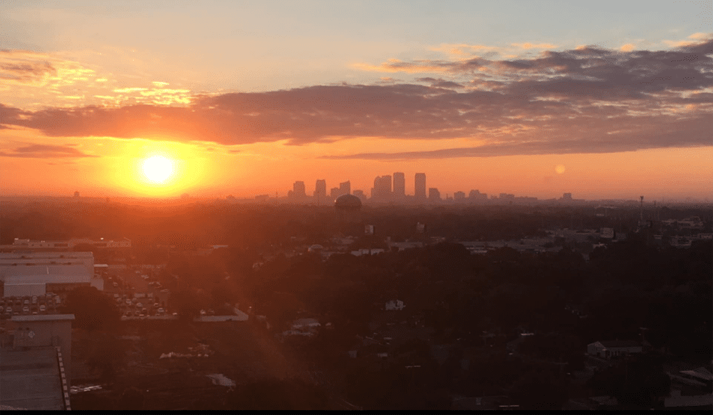 Sunset over a downtown skyline
