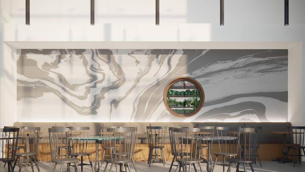 rendering of a restaurant with greenery arranged on the wall.