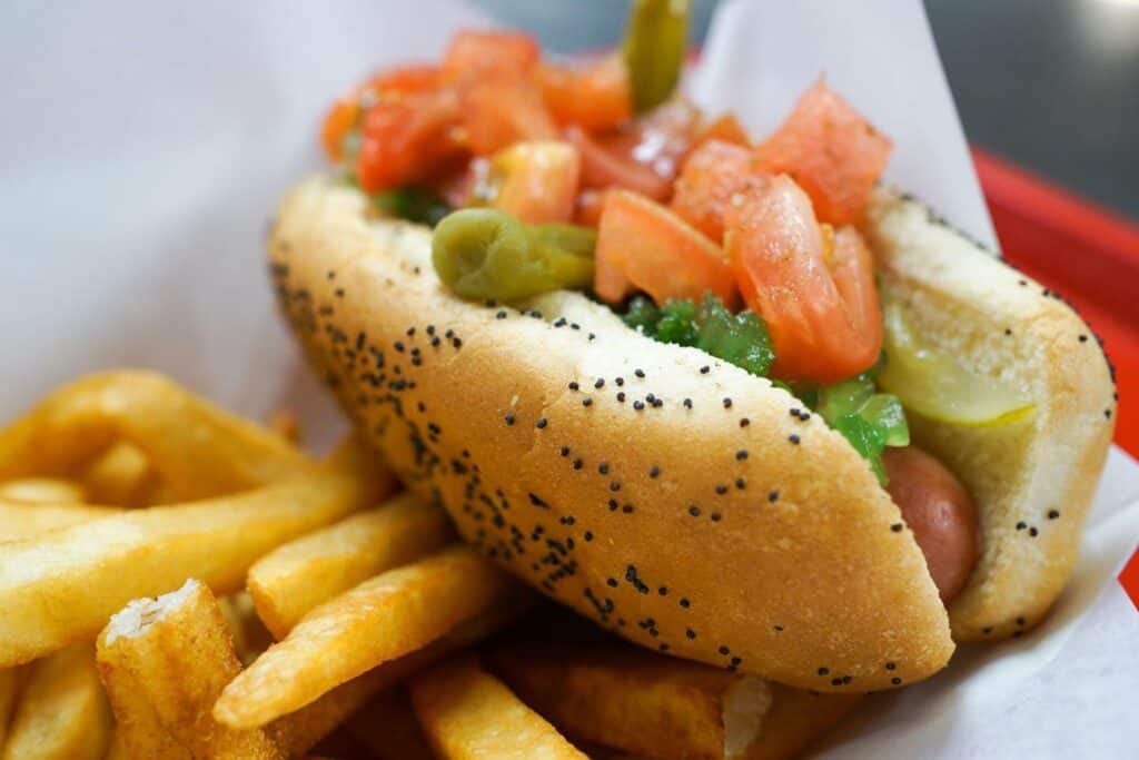 a hot dog on a poppyseed bun with a side of fries